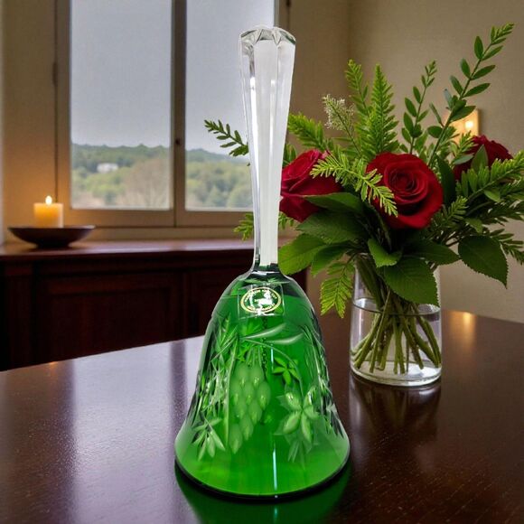 Vintage Ajka Masala Green 24% Lead Crystal Bell Hand Cut To Clear Hungary 7” - Picture 1 of 12